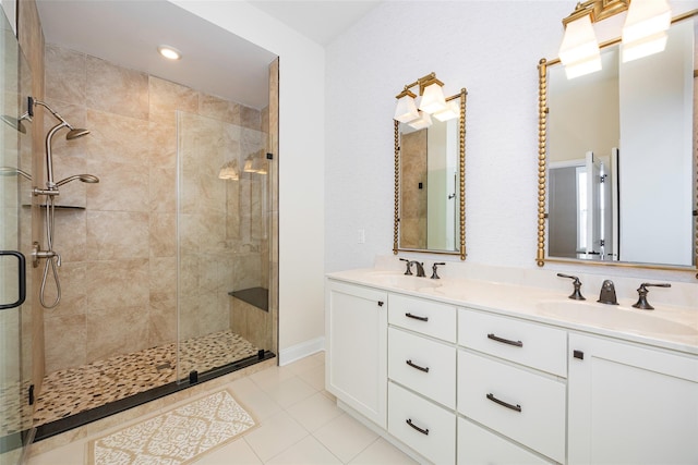 44 Linwood Dr, Wappingers Falls, NY 12590 - full bath featuring a stall shower, double vanity, tile patterned floors, and recessed lighting