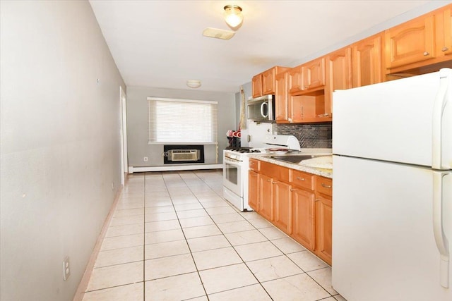 35-44 104th St, Corona, NY 11368 - kitchen with white appliances, light tile patterned floors, backsplash, a baseboard radiator, and cooling unit