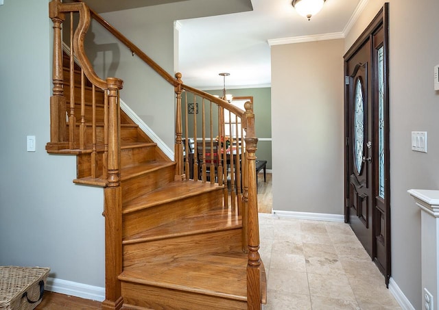 84 Macarthur Ln, Tarrytown, NY 10591 - foyer entrance featuring stairway, crown molding, and a chandelier