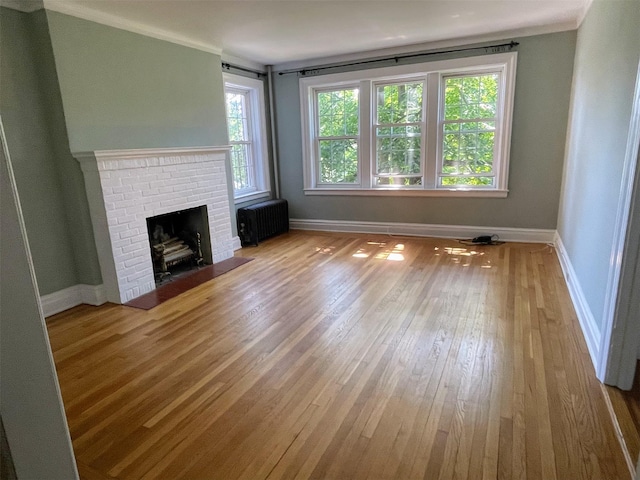 85 N Broadway Unit 2H, White Plains, NY 10603 - unfurnished living room featuring radiator heating unit, wood finished floors, crown molding, and a brick fireplace