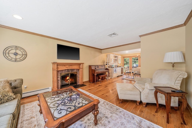 7 Hunter Ct, Dix Hills, NY 11746 - living room with a baseboard heating unit, crown molding, wood finished floors, a fireplace with flush hearth, and recessed lighting