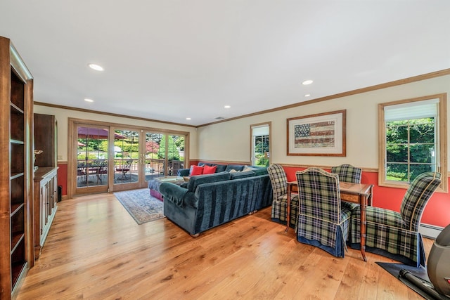 7 Hunter Ct, Dix Hills, NY 11746 - living room with crown molding, light wood-type flooring, recessed lighting, a baseboard radiator, and french doors