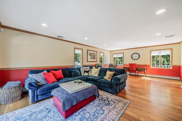 7 Hunter Ct, Dix Hills, NY 11746 - living room with light wood-style flooring, plenty of natural light, ornamental molding, recessed lighting, and a baseboard heating unit