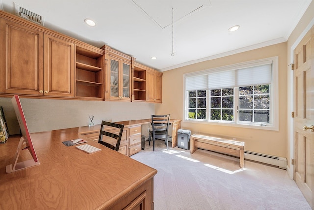 7 Hunter Ct, Dix Hills, NY 11746 - office space featuring ornamental molding, light carpet, attic access, recessed lighting, and a baseboard radiator