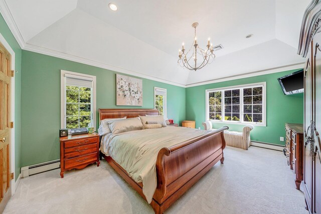 7 Hunter Ct, Dix Hills, NY 11746 - bedroom with a baseboard heating unit, light carpet, a chandelier, a tray ceiling, and vaulted ceiling