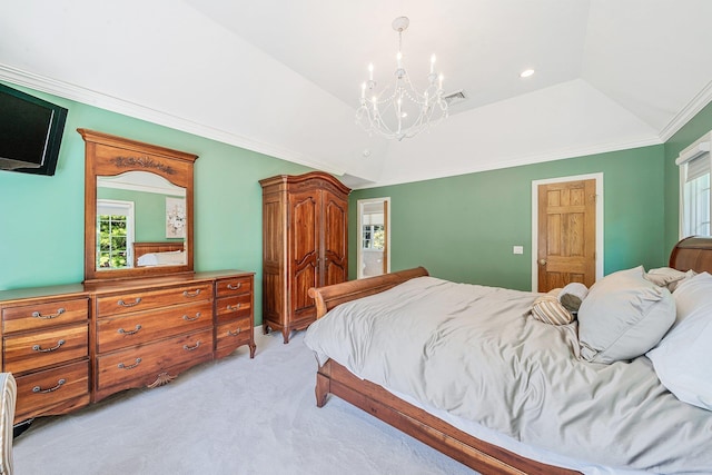 7 Hunter Ct, Dix Hills, NY 11746 - bedroom with a chandelier, light carpet, crown molding, vaulted ceiling, and a tray ceiling