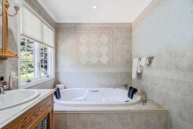 7 Hunter Ct, Dix Hills, NY 11746 - bathroom with vanity, a garden tub, and crown molding