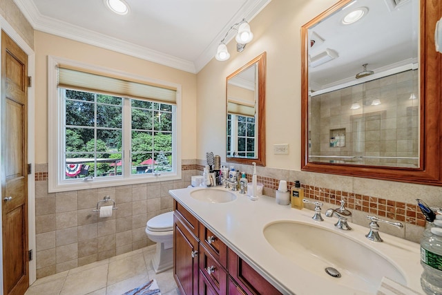 7 Hunter Ct, Dix Hills, NY 11746 - bathroom featuring tile patterned floors, tile walls, tiled shower, double vanity, and crown molding