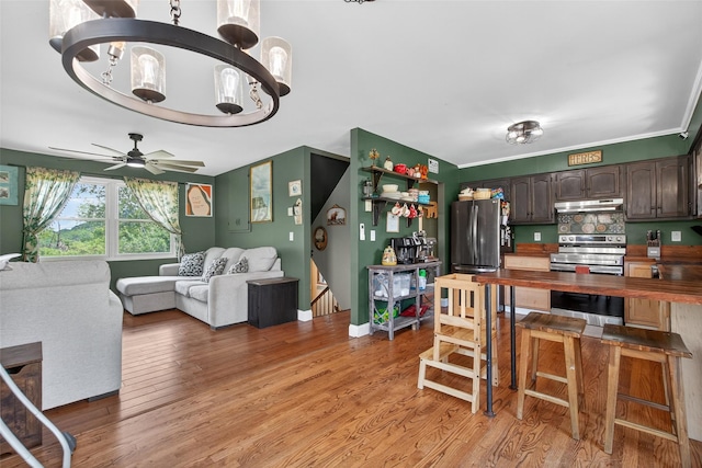 54 Graby Rd, Callicoon, NY 12723 - kitchen with stainless steel appliances, under cabinet range hood, light wood-type flooring, dark brown cabinets, and a ceiling fan