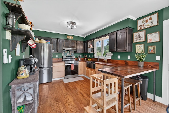 54 Graby Rd, Callicoon, NY 12723 - kitchen with appliances with stainless steel finishes, under cabinet range hood, light wood-style flooring, crown molding, and dark brown cabinets