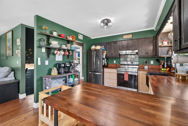 54 Graby Rd, Callicoon, NY 12723 - kitchen with stainless steel appliances, open shelves, under cabinet range hood, dark brown cabinets, and light wood finished floors