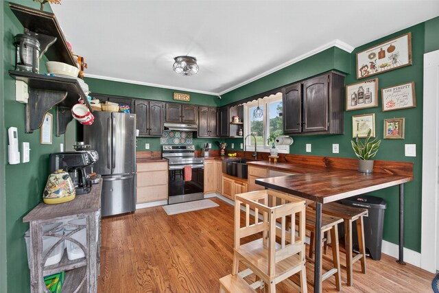 54 Graby Rd, Callicoon, NY 12723 - kitchen with appliances with stainless steel finishes, under cabinet range hood, light wood-style flooring, crown molding, and dark brown cabinets