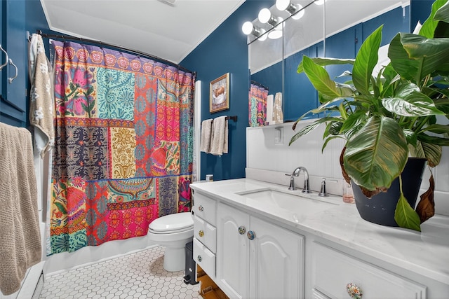 54 Graby Rd, Callicoon, NY 12723 - bathroom featuring vanity, shower / bath combination with curtain, and crown molding