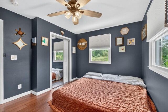 54 Graby Rd, Callicoon, NY 12723 - bedroom featuring wood finished floors, multiple windows, and a ceiling fan
