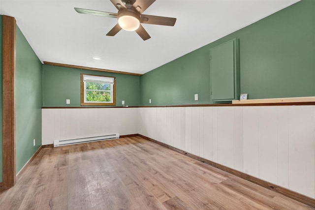 54 Graby Rd, Callicoon, NY 12723 - empty room with a baseboard radiator, wood finished floors, a ceiling fan, and wainscoting