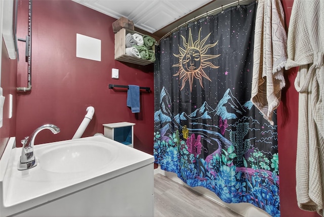 54 Graby Rd, Callicoon, NY 12723 - bathroom with vanity, a shower with shower curtain, and wood finished floors