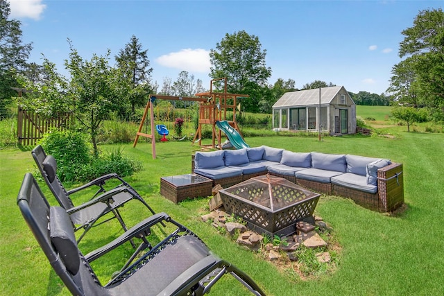 54 Graby Rd, Callicoon, NY 12723 - view of yard with an outdoor hangout area, an outbuilding, a playground, and an exterior structure