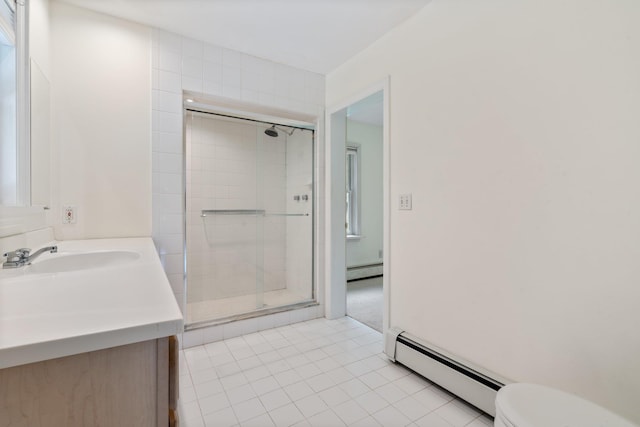 1459 N Country Rd, Wading River, NY 11792 - bathroom with a baseboard heating unit, vanity, a stall shower, and tile patterned floors