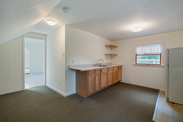 1459 N Country Rd, Wading River, NY 11792 - kitchen featuring freestanding refrigerator, light countertops, dark colored carpet, lofted ceiling, and open shelves