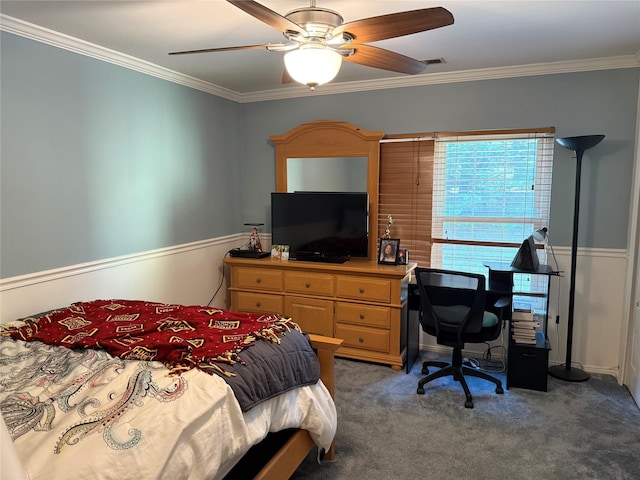 36 Huntington Cir, Peekskill, NY 10566 - bedroom featuring light carpet, ornamental molding, ceiling fan, and a desk