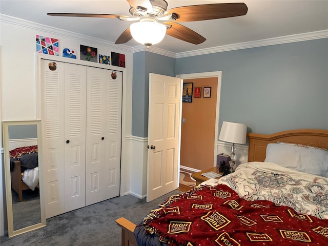 36 Huntington Cir, Peekskill, NY 10566 - bedroom with crown molding, dark carpet, a closet, and ceiling fan