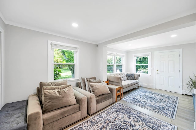 63 Old Farm Rd, Levittown, NY 11756 - living area with wood finished floors, recessed lighting, and crown molding