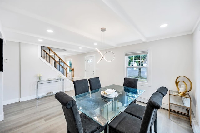 63 Old Farm Rd, Levittown, NY 11756 - dining room with stairs, light wood-style floors, beamed ceiling, and recessed lighting