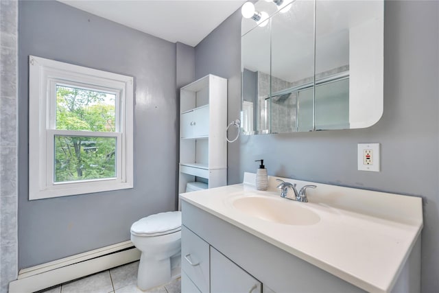 63 Old Farm Rd, Levittown, NY 11756 - bathroom featuring a baseboard radiator, tile patterned floors, vanity, and a shower