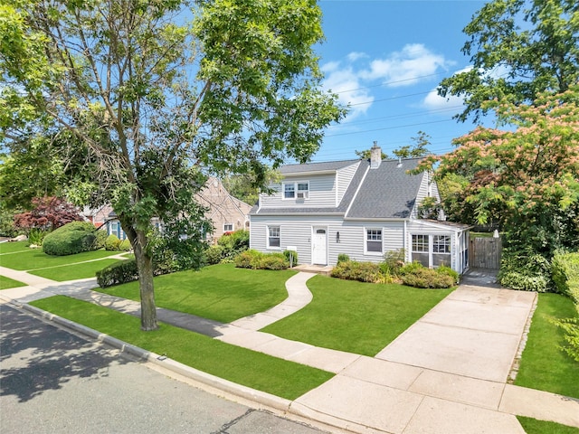 63 Old Farm Rd, Levittown, NY 11756 - traditional-style house with a chimney, driveway, a gate, and a shingled roof