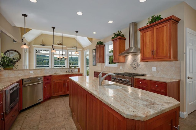 90 River Rd, Hyde Park, NY 12538 - kitchen featuring wall chimney exhaust hood, stainless steel appliances, healthy amount of natural light, decorative backsplash, and recessed lighting