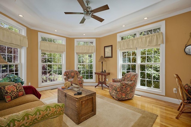 90 River Rd, Hyde Park, NY 12538 - living area featuring a raised ceiling, ceiling fan, light wood-style flooring, crown molding, and recessed lighting