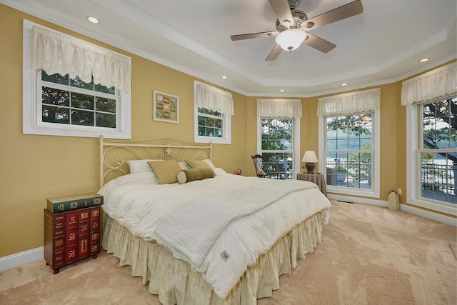 90 River Rd, Hyde Park, NY 12538 - carpeted bedroom featuring a tray ceiling, crown molding, recessed lighting, and ceiling fan