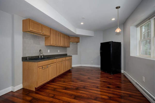 90 River Rd, Hyde Park, NY 12538 - kitchen featuring freestanding refrigerator, baseboard heating, dark wood-style flooring, dark countertops, and recessed lighting