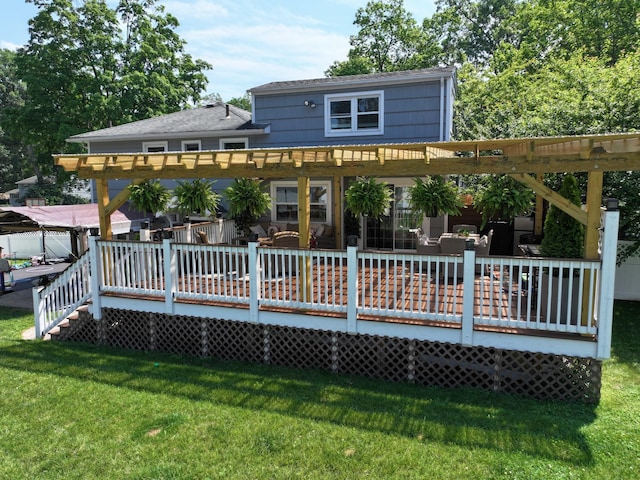 114 Shetland Dr, New City, NY 10956 - rear view of house featuring a pergola, a wooden deck, and a yard