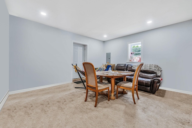 299 Orchid Dr, Mastic Beach, NY 11951 - carpeted dining area featuring electric panel and recessed lighting