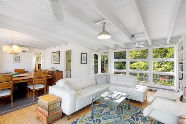 230 Bay Walk, Fire Island Pines, NY 11782 - living room with ceiling fan, beamed ceiling, light wood-style floors, a wall mounted air conditioner, and a chandelier