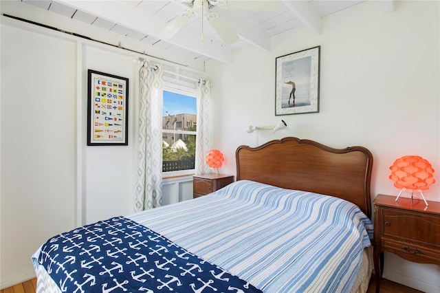 230 Bay Walk, Fire Island Pines, NY 11782 - bedroom featuring beam ceiling, wood finished floors, and ceiling fan