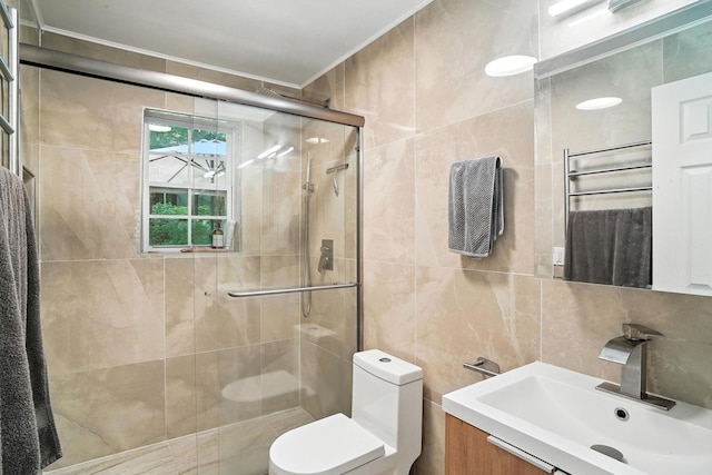 7 Fayer Ct, Phillipsport, NY 12790 - full bathroom featuring tile walls, vanity, a stall shower, and backsplash