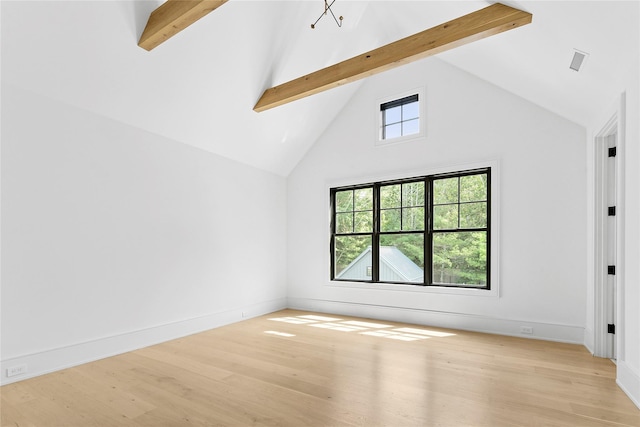 7 Rosemary Ln, Sag Harbor, NY 11963 - empty room with beamed ceiling, high vaulted ceiling, and light wood finished floors