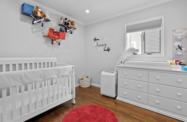881 Surf St, Lindenhurst, NY 11757 - bedroom featuring ornamental molding, a nursery area, wood finished floors, and recessed lighting
