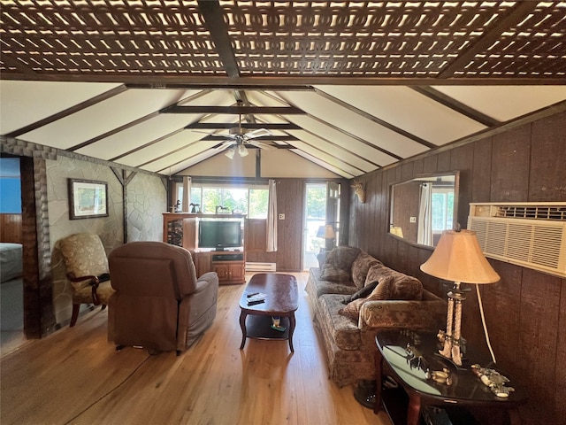 71 Keller Ave, Smallwood, NY 12778 - living area with wood-type flooring, healthy amount of natural light, wooden walls, and a ceiling fan