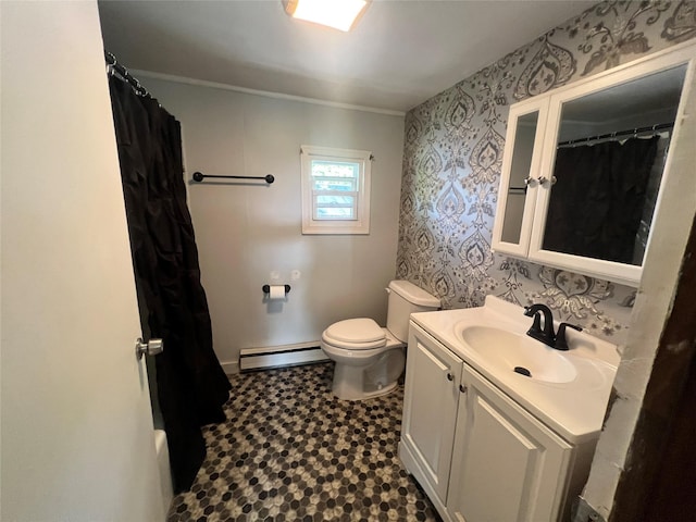 71 Keller Ave, Smallwood, NY 12778 - bathroom with a baseboard radiator, vanity, tile patterned floors, curtained shower, and wallpapered walls
