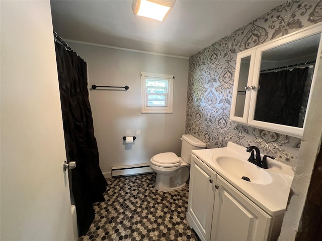 71 Keller Ave, Smallwood, NY 12778 - full bathroom featuring baseboard heating, vanity, tile patterned floors, a shower with curtain, and crown molding