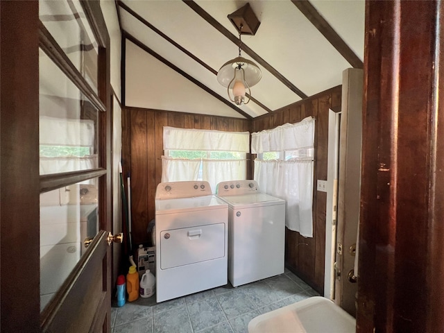 71 Keller Ave, Smallwood, NY 12778 - washroom with washing machine and clothes dryer, wood walls, and tile patterned floors