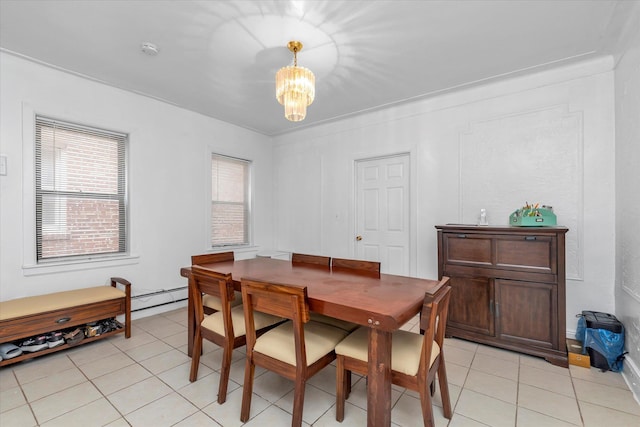 32-17 110, East Elmhurst, NY 11369 - dining room with light tile patterned floors, a chandelier, and a baseboard radiator
