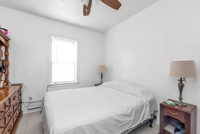 32-17 110, East Elmhurst, NY 11369 - bedroom featuring light tile patterned flooring, a baseboard radiator, and a ceiling fan
