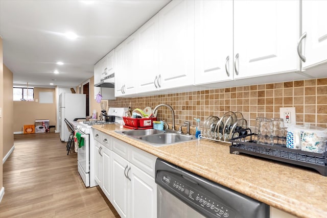 32-17 110, East Elmhurst, NY 11369 - kitchen with white appliances, light countertops, white cabinets, under cabinet range hood, and recessed lighting