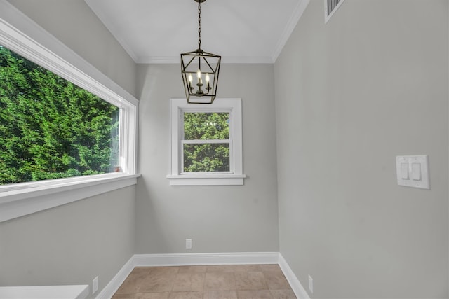 643 Deer Park Ave, Babylon, NY 11702 - spare room with a chandelier, crown molding, and light tile patterned floors