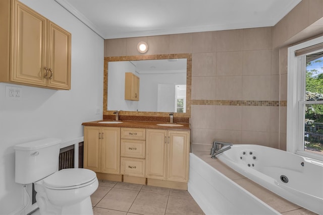 643 Deer Park Ave, Babylon, NY 11702 - full bath with a jetted tub, double vanity, tile patterned floors, and ornamental molding