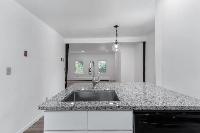 5 Jefferson St, Poughkeepsie, NY 12601 - kitchen featuring dishwasher, light stone counters, dark wood finished floors, pendant lighting, and white cabinetry